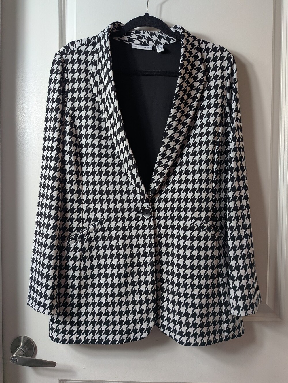 Susan Graver Houndstooth Blazer Black White Single Button Stretch, Size L